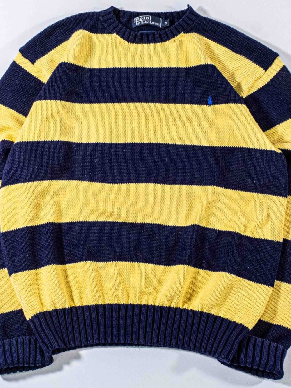 Vintage 90s Polo Ralph Lauren Pony Striped Knit Sweater Medium Navy Yellow